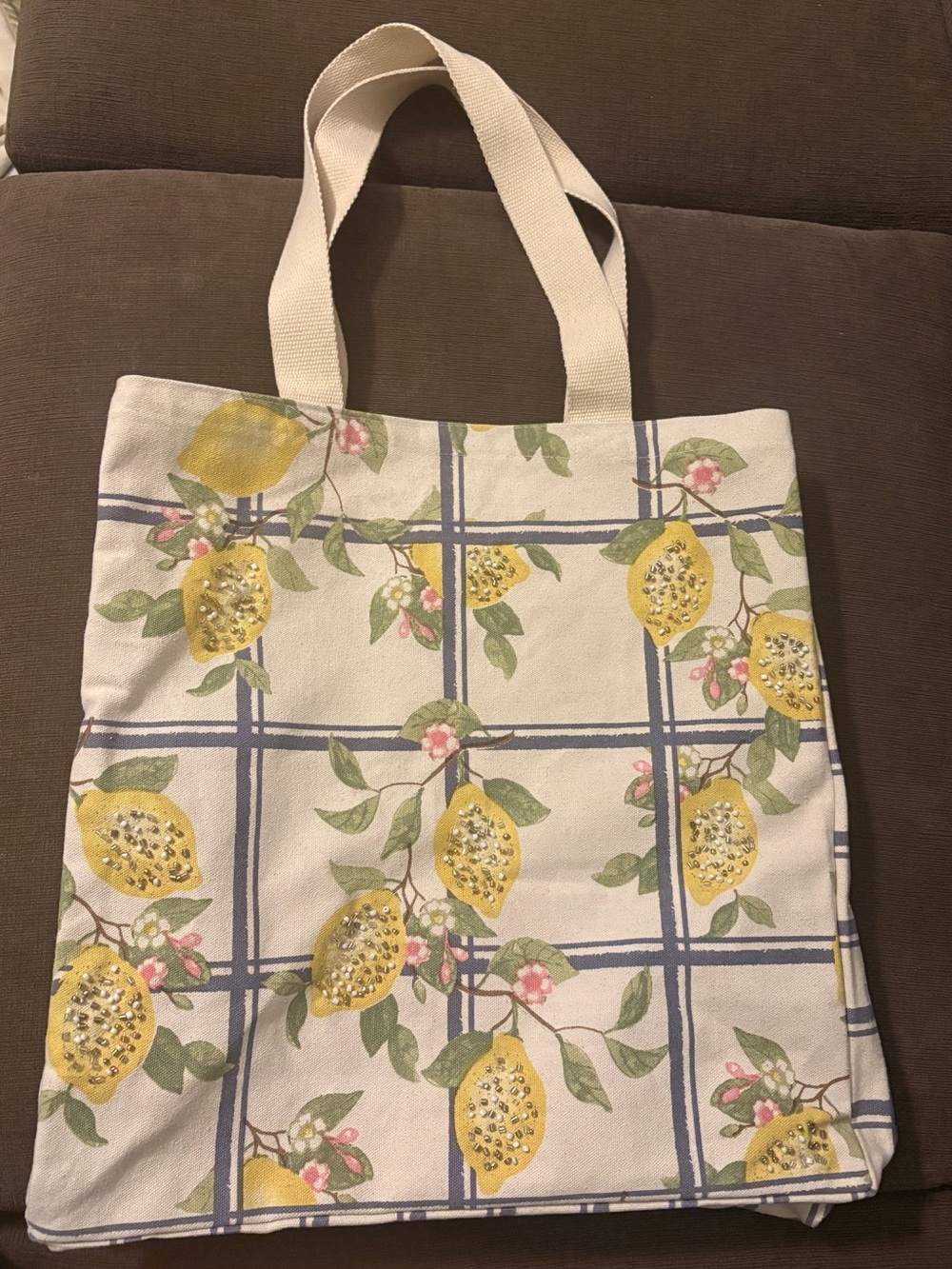 Lemon Print Beaded Cotton Canvas Shopper Tote Bag Coastal Summer Resort